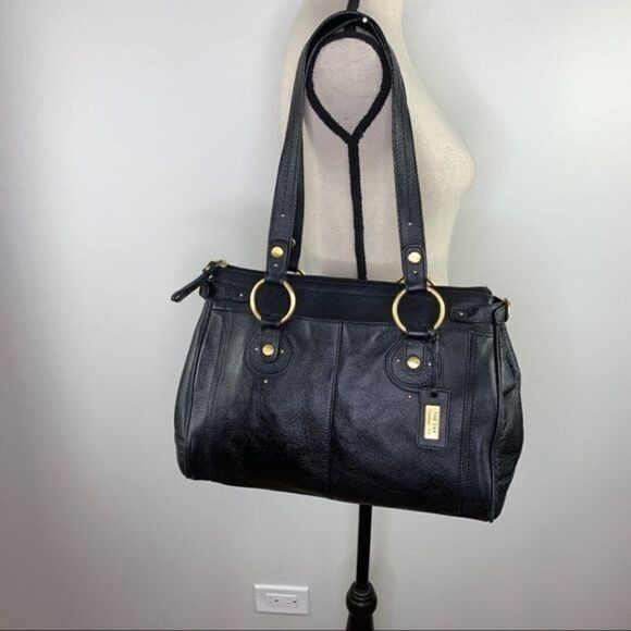 The Sak Pink Label Black Leather Satchel Shoulder Bag Brass Rings Double Strap - Picture 1 of 16